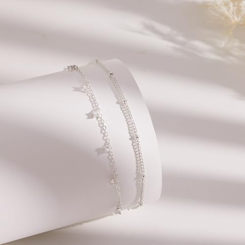 Gold/Sterling Silver Anklet Bracelets for Women Waterproof, Non Tarnish 925 Sterling Sliver Plated Heart Evileye Butterfly Charm, Dainty Summer Beach Anklets for Women, Beach Vacation Bikini Outfits for Her Mom - style: CZ-Silver