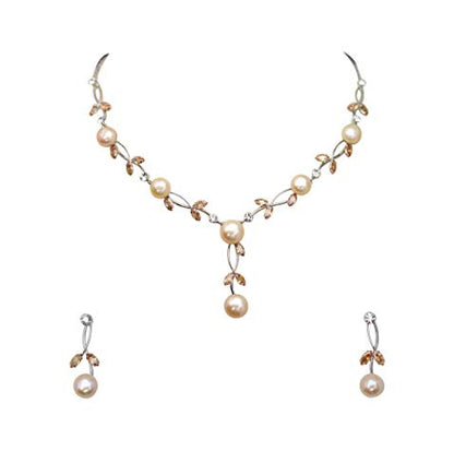 Faship Genuine Freshwater Pearls Floral Necklace Earrings Set | Premium CZ Crystal, Gorgeous, Sparkling - color: Brown