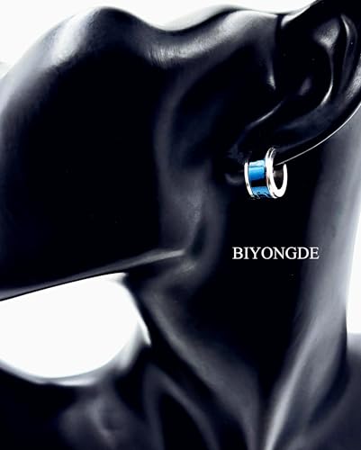 Huggie Hinged Hoop Earrings, Stainless Steel, Classic, mens womens, Cool - color: Blue and Silver