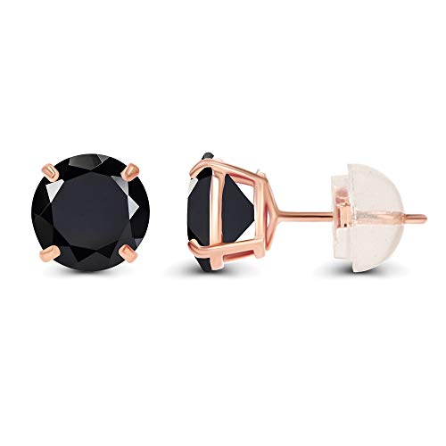 Solid 14K Yellow or White or Rose Gold 6mm Round Genuine Birthstone Gemstone Prong Set Stud Earrings For Women - color: Onyx