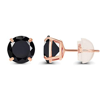Solid 14K Yellow or White or Rose Gold 6mm Round Genuine Birthstone Gemstone Prong Set Stud Earrings For Women - color: Onyx