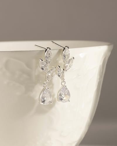 14K Gold Plated/Sterling Silver CZ Pearl Drop Dangle Earrings for Women - color: Silver-Flower Drop CZ