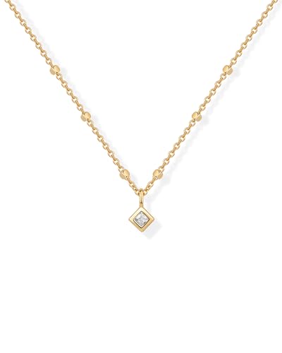 PAVOI 14K Gold Plated Dainty Bezel Set Solitaire Pendant Necklace for Women | Beaded Chain Necklace, Statement Necklace with Round, Princess, Marquise Cubic Zirconia Pendant - color: Yellow Gold, style: Princess