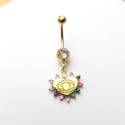 14G Blue CZ Evil Eye Sun Heart Dangle Belly Button Rings for Women 14K Gold Plated Surgical Steel Belly Navel Barbell Enamel Starry Sky Colorful Crystal Dangling Navel Rings Belly Piercing Jewelry - style: Style1