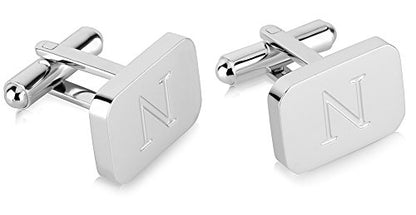 18K White-Gold Plated Initial Engraved Stainless Steel Men’s Cufflinks With Gift Box -Personalized Alphabet Letter’s A-Z By Lux & Pair - style: N- White Gold