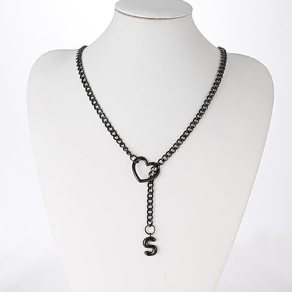 sroyte Black Heart Slip Chain Initial Necklaces for Women,Stainless Steel O-Ring Adjustable Lariat Heart Y-Necklace,Punk Gothic Cuban Collar Choker Necklace for women - color: Black S