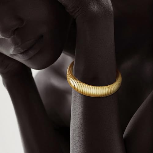 Gold Chunky Stretch Snake Chain Bangle Bracelets Stack for Women Trendy, 18K Gold Filled Stainless Steel Stretchy Womens Stackable Wristband Bangles Bracelet Set - style: GOLD&SILVER 16MM