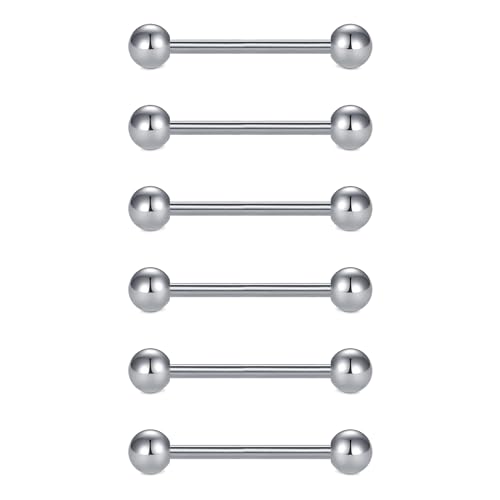 VCMART 12mm-18mm 14G Tongue Rings Nipple Straight Barbells Surgical Steel Body Piercing Jewelry - style: Style D -6pcs, silver