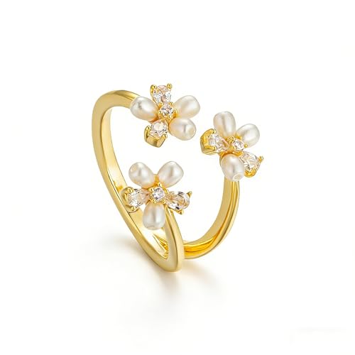 Adjustable Open Flower Rings for Women, 14K Gold Plated Dainty Cherry Blossom Rings with Cubic Zirconia/Enamel/Beads, Cute Floral Statement Rings Jewelry Gifts for Birthday Mother's Day