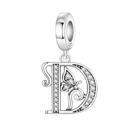 2 Pack 925 Sterling Silver Butterfly Letter Charms for Bracelets and Necklace Alphabet Initial Dangle Pendants Round Spacer Beads Pave Cubic Zirconia Jewelry Gift for Women - color: D Set