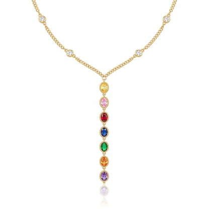 Gmai 18K Gold Plated Stainless Steel lariat Y Necklace for Women, Dainty Layered & Single Chain Drop Necklace with Multicolor CZ Pendant,Waterproof Non Tarnish Trendy Jewelry Gift for Her
