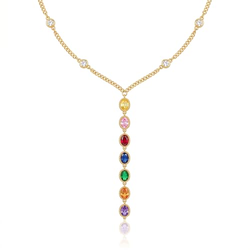 Gmai 18K Gold Plated Stainless Steel lariat Y Necklace for Women, Dainty Layered & Single Chain Drop Necklace with Multicolor CZ Pendant,Waterproof Non Tarnish Trendy Jewelry Gift for Her