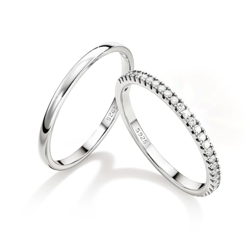 MILACOLATO 2Pcs Solid 925 Sterling Silver Rings for Women 1.3mm Thin Non Tarnish White Gold Plated Plain Thumb Stackable Rings Half Cubic Zirconia Wedding Eternity Band Rings Size 5-10 - color: Silver