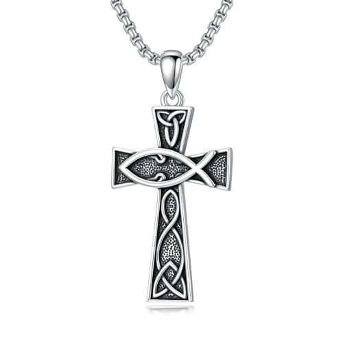 ROMANTICWORK Cross Necklace for Men 925 Sterling Silver Three Nail Cross/Atheist/Anchor/Skull Pendant Christian Protect Jewelry Birthday Gifts for Husband - color: Christian Fish Cross