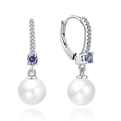 JO WISDOM 925 Sterling Silver Freshwater Pearl Hoop Earrings with Dangle Real Pearl,Simulated Pearls - color: B-8mm white pearl,tanzanite color