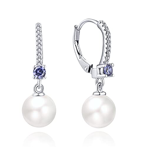 JO WISDOM 925 Sterling Silver Freshwater Pearl Hoop Earrings with Dangle Real Pearl,Simulated Pearls - color: B-8mm white pearl,tanzanite color