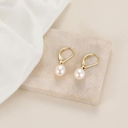 EAMTI Pearl Earrings for Women 925 Sterling Silver Freshwater Cultured Pearl Drop Earrings 14K Gold Plated Leverback Hypoallergenic