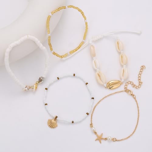 Beaded Anklet Bracelets For Women Waterproof Gold Anklets Jewelry Set Stack | non tarnish free pearl puka seashell beach boho stretchy anklet for summer dainty and tewiky gold plated - color: Beaded Shell