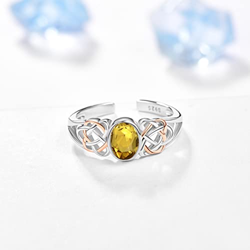 PRAYMOS 925 Sterling Silver Ring Birthstone Ring Turquoise Moss White Opal Ring for Women Celtic Knot Open Adjustable Thrumb Ring - color: Yellow Topaz