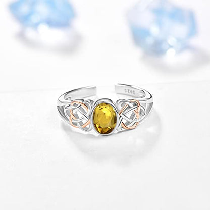 PRAYMOS 925 Sterling Silver Ring Birthstone Ring Turquoise Moss White Opal Ring for Women Celtic Knot Open Adjustable Thrumb Ring - color: Yellow Topaz