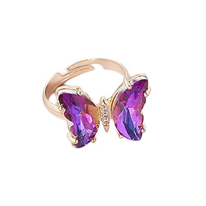 COLORFUL BLING Adjustable Elegant Transparent Crystal 3D Butterfly Rings for Women Aesthetic Gold Plated Cute Animal Insect Open Finger Cuff Ring Birthday Valentine Gifts - color: purple