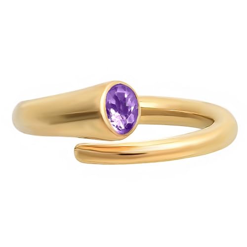 18K Gold Filled Non-Tarnish Bypass Ring for Women – Modern Open Band With Multi Gemstone Ring – Minimalist Adjustable Statement Jewelry - color: Amethyst