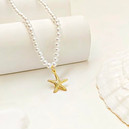 Zeffy Pearl Necklace 4MM/6MM/8MM Dainty Round Imitation Pearl Choker Necklace Wedding Pearl Necklace Delicate Jewelry for Women Simple Bridesmaid Jewelry Gifts - style: 4mm Gold Starfish Pearl Necklace(16"+2")