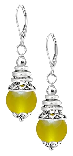 Natural 10mm Stone Beads Drop Earrings,Retro Silver Round Quartz Crystal Gemstone Beads Dangle Earrings for Women - color: A24_Yellow Quartz Jasper