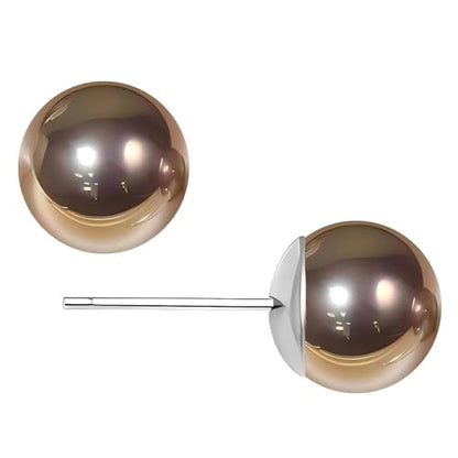 Gold & Brown Faux Pearl Stud Earrings, S925 Silver Posts Hypoallergenic for Women - color: Brown, size: 8mm