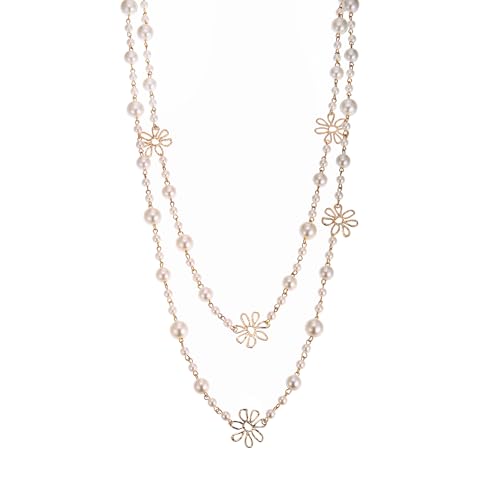 Simulated Pearl Strand Layered Necklace for Women, Multi Strand Long Necklace, Dainty Sweater Necklace for Party Costume Jewelry - style: Daisy