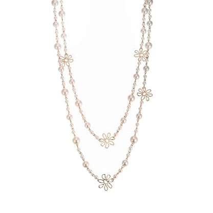 Simulated Pearl Strand Layered Necklace for Women, Multi Strand Long Necklace, Dainty Sweater Necklace for Party Costume Jewelry - style: Daisy