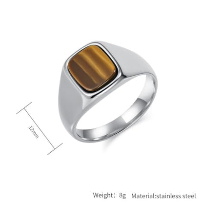 PAMTIER Men's Stainless Steel Gemstone Polished Signet Rings Classic Minimalist Square Cabochon Statement Band Jewelry Gift - color: Silver Black