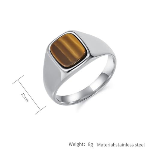 PAMTIER Men's Stainless Steel Gemstone Polished Signet Rings Classic Minimalist Square Cabochon Statement Band Jewelry Gift - color: Gold Yellowish-Brown