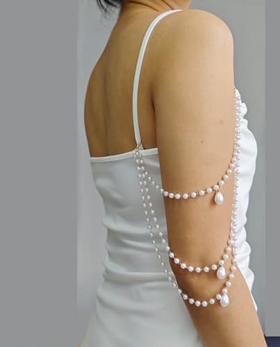 2 Pcs Pearl Shoulder Chain Detachable Bridal Arm Jewelry Layered Beaded Tassel Epaulettes for Wedding Prom Dress Sleeves Pearl Straps Accessory