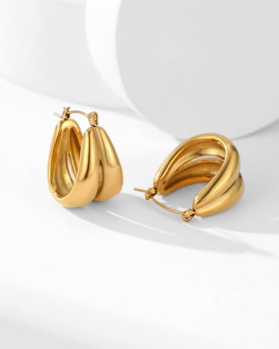 14K Gold Plated Chunky Hoop Earrings for Women, Thick Teardrop Huggie Hoops, Hypoallergenic Stainless Steel Statement Earrings