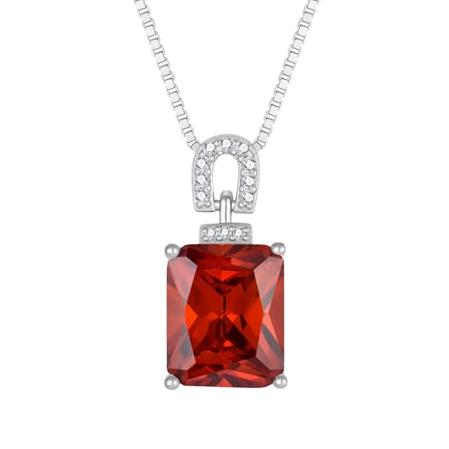 Emerald Cut Birthstone Necklace for Women 925 Sterling Silver | Baguette Birthstone Pendant Necklace, Jewelry for Mom Wife - color: Deep Red