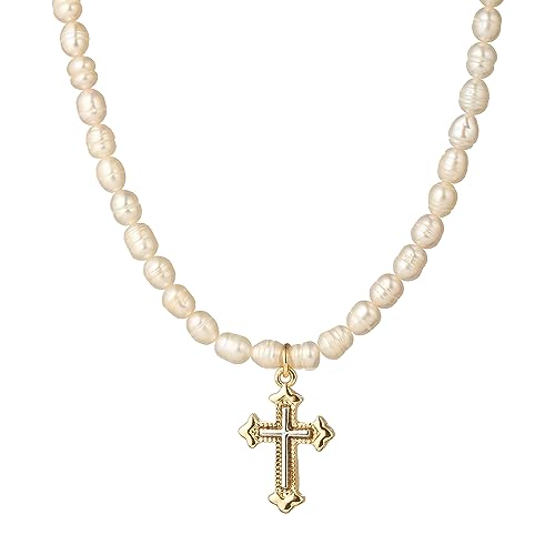 wgoud Natural Freshwater Pearl Choker Necklace for Women, Trendy 14K Gold Plated Pearl Necklaces Handmade Jewelry Gift - color: Cross Two-tone