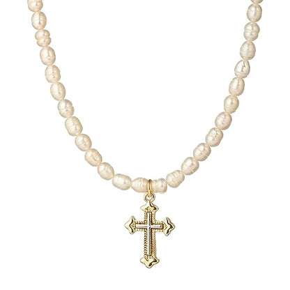 wgoud Natural Freshwater Pearl Choker Necklace for Women, Trendy 14K Gold Plated Pearl Necklaces Handmade Jewelry Gift - color: Cross Two-tone