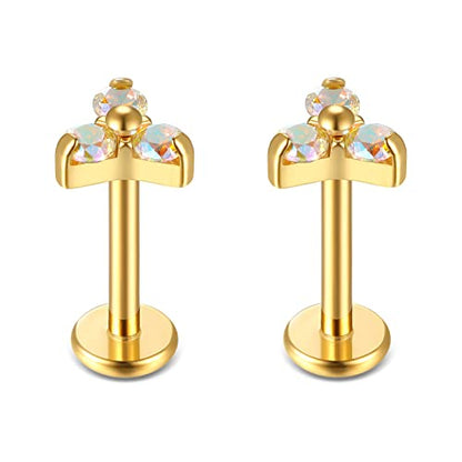 BelezaDosas G23 Titanium Labret Studs 16G Threadless Push-in Press Fit Lip Cluster Tragus Helix Lobe Conch Rook Medusa Cartilage Monroe Earring Push Back Piercing Jewelry - color: 16g8mm tri gd AB