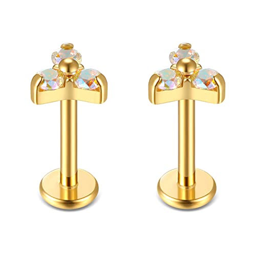 BelezaDosas G23 Titanium Labret Studs 16G Threadless Push-in Press Fit Lip Cluster Tragus Helix Lobe Conch Rook Medusa Cartilage Monroe Earring Push Back Piercing Jewelry - color: 16g8mm tri gd AB