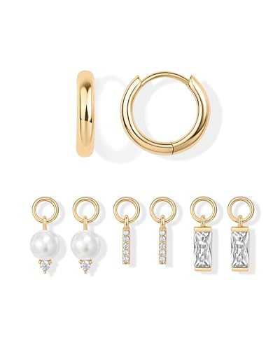 PAVOI 14K Gold Plated Huggie Earring Charms for Women - Mix and Match Huggie Hoop Earrings with Charms Pack - Dangle Dainty Motif Set with Cubic Zirconia, Heart, Cross, Pearl & Evil Eye Jewelry - Valentines Day Trendy Jewelry - style: Pearl