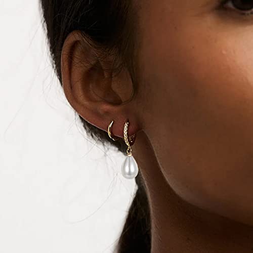 CERSLIMO Pearl Drop Earrings for Women | S925 Sterling Silver Post Simulated Shell Pearl Hoop Dangle Earrings, Hypoallergenic Cubic Zirconia Huggies Earrings Bridesmaid Jewelry - style: 02 Gold-Teardrop