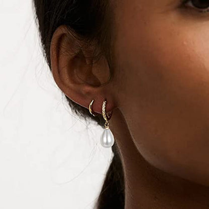 CERSLIMO Pearl Drop Earrings for Women | S925 Sterling Silver Post Simulated Shell Pearl Hoop Dangle Earrings, Hypoallergenic Cubic Zirconia Huggies Earrings Bridesmaid Jewelry - style: 02 Gold-Teardrop