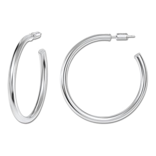 18K Gold Plated Sterling Silver Earrings for Women – Pure & Polished, Twist, Square, Hinged Tube, Abstract & Heart Shape Hoops – Lightweight, Hypoallergenic, Non-Tarnish Jewelry (Sizes: 3x35mm-46x30mm) - color: Silver, size: Polish Hoop (3x40mm)
