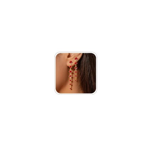 2 Pairs Long Diamond Dangle Tassel Earrings for Women | 14K Gold Silver Plated, Dainty Diamond Crystal Drop Earring, Small Cz Statement Dangly, for Wedding Bridesmaid, Jewelry Gifts - color: 2 Pairs Gold-Red