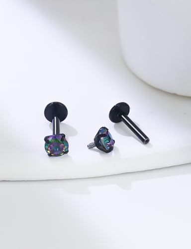 18G 16G 14G Internally Threaded Nose Rings Studs Flat Back Earrings Surgical Steel CZ Nose Rings Stud Tragus Helix Conch Cartilage Earrings Stud Piercing Jewelry For Women Men Hypoallergenic - color: Black-Rainbow CZ, size: 18 Gauge-6mm Bar-4mm CZ