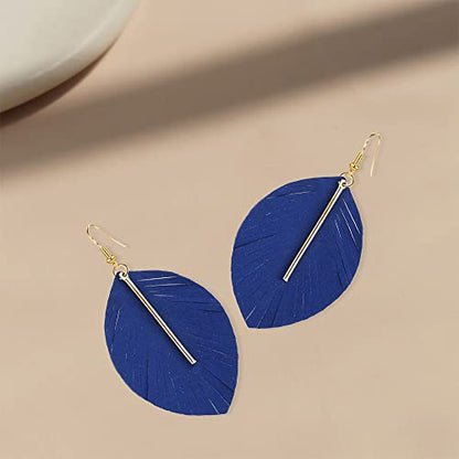 GBAHFY Feather Leather Layered Fringe Earrings for Women Boho Genuine Lightweight Leather Leaf Tassel Dangle Statement Earrings with Metal Bar - color: Blue