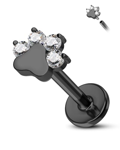 G23 Titanium Cartilage Earring Stud for Helix 16g Flat Back Dog Paw Cartilage Piercing Jewelry Front Top Screw Helix Tragus Earrings - color: Black Paw