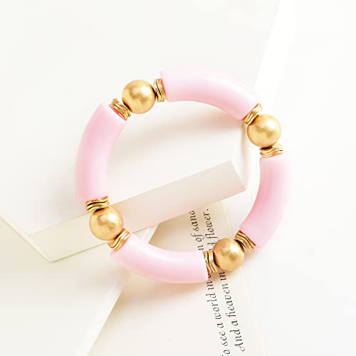 LALAPPLE Gold Plated Beaded Acrylic Bamboo Tube Bangle Bracelets for Women, Colorful Chunky Curved Tube With Gold Plated Pieces Beads Stretch Bracelet Friendship Summer Beach Jewelry - color: L-Pink
