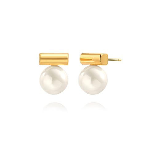 925 Sterling Silver Hoop Handpicked AAA+ Quality 7.5-8mm White Freshwater Cultured Pearl Dangle Drop Earrings Jewelry for Women - color: 8. Gold Plated Bar